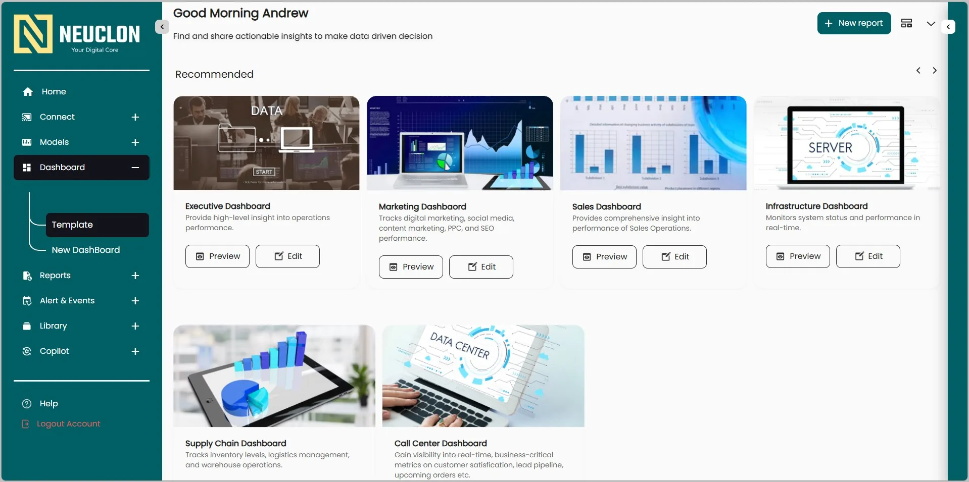 Neuclon Dashboards screen