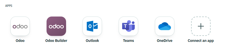 The Apps section of a Neuclon workspace: Odoo, Odoo Builder, Outlook, Teams, OneDrive and Connect an app